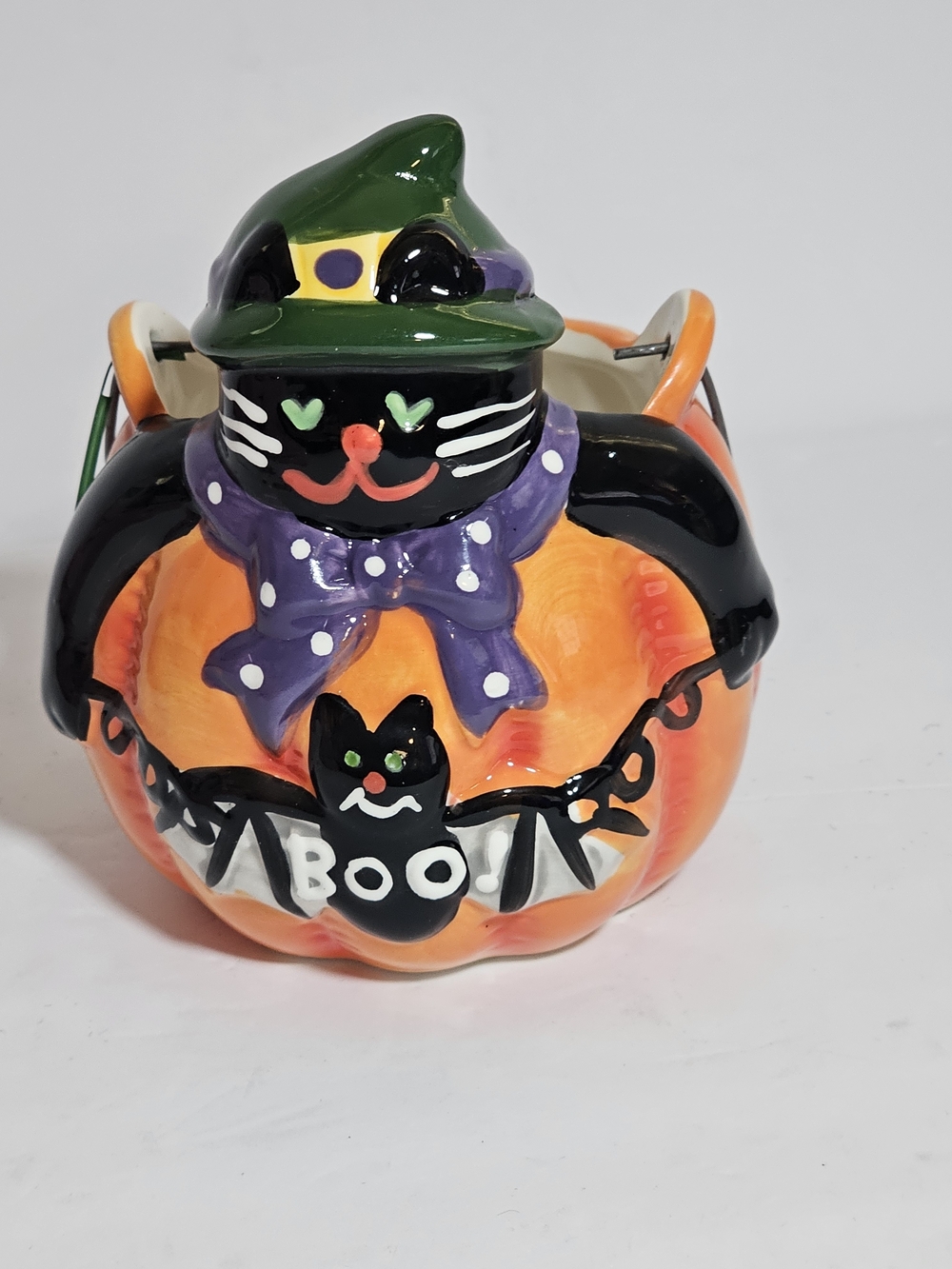 Halloween Black Cat Pumpkin Small Ceramic Candy Bucket Treat Pail BOO Decor